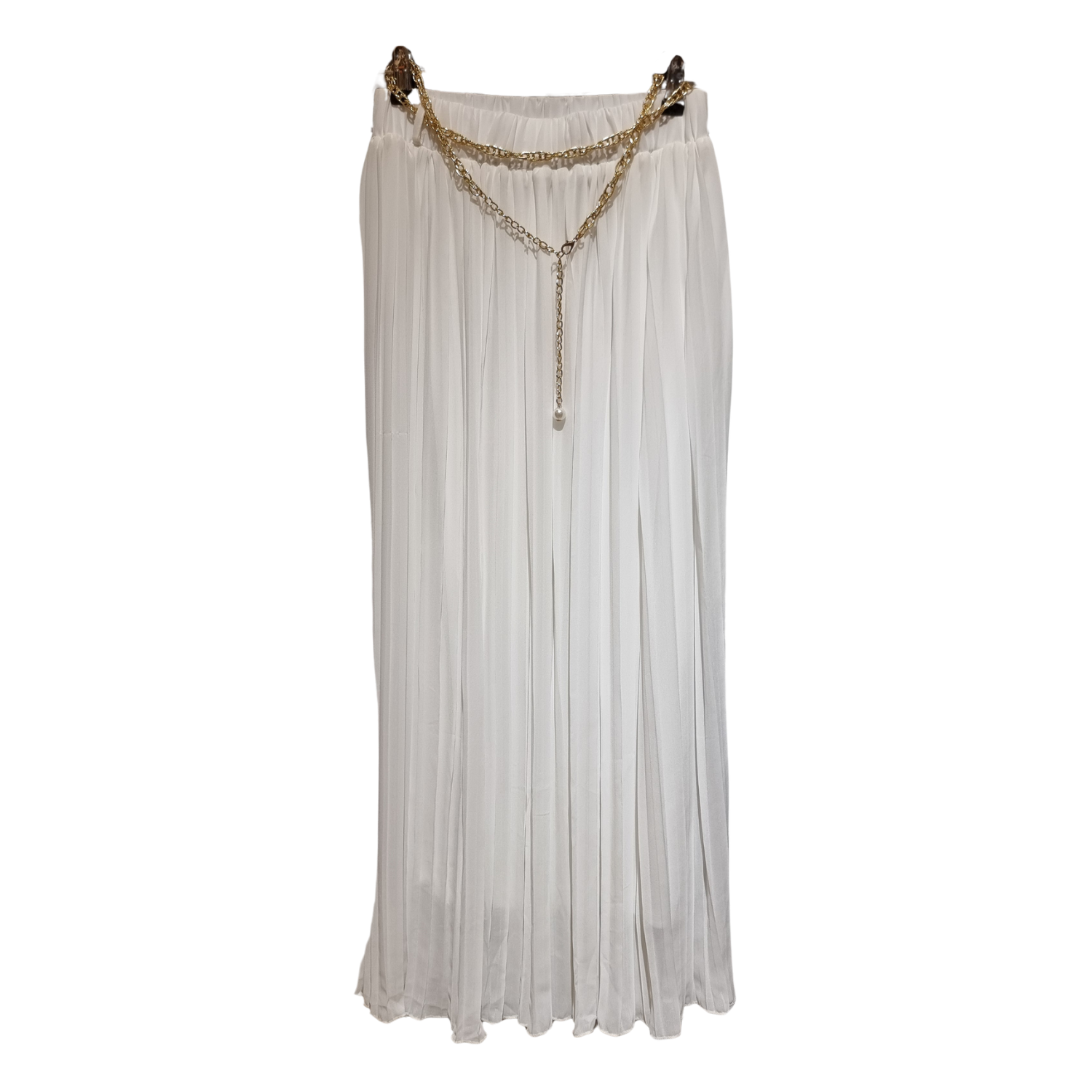 Ivory Grace Pleated Maxi Skirt with Gold Chain Detail ( U0262 )