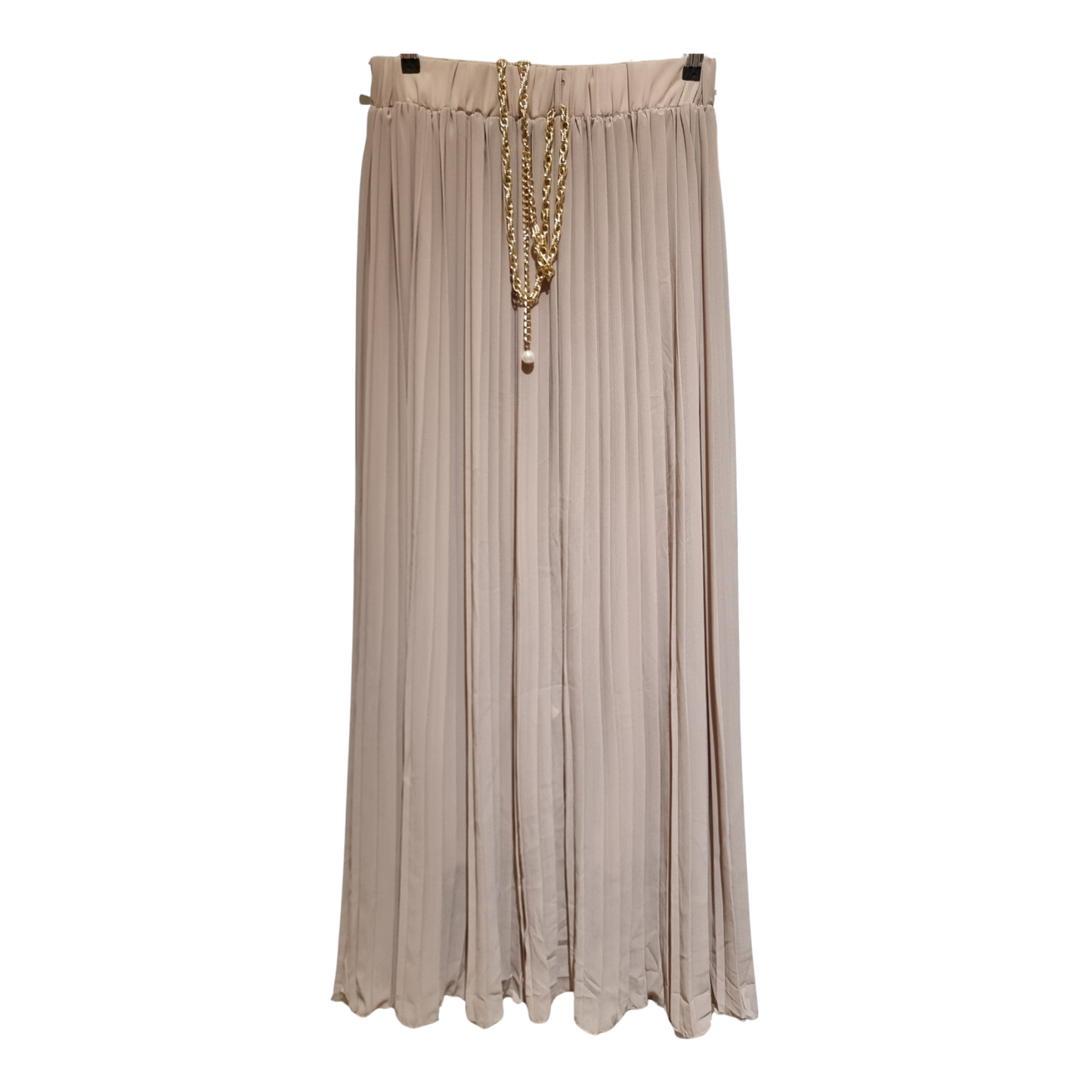 Soft Nude Pleated Maxi Skirt with Gold Chain Detail ( U0262 )