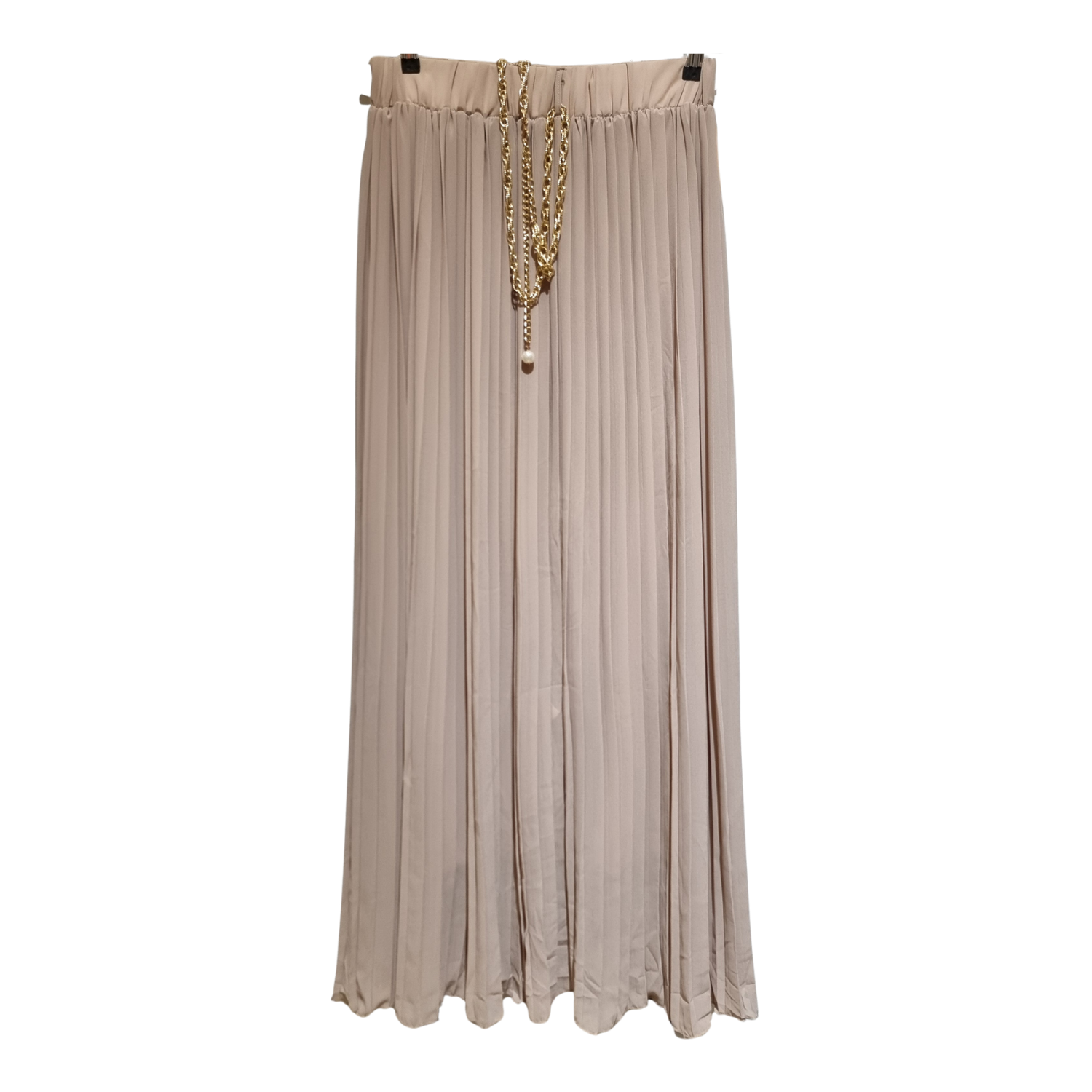 Soft Nude Pleated Maxi Skirt with Gold Chain Detail ( U0262 )
