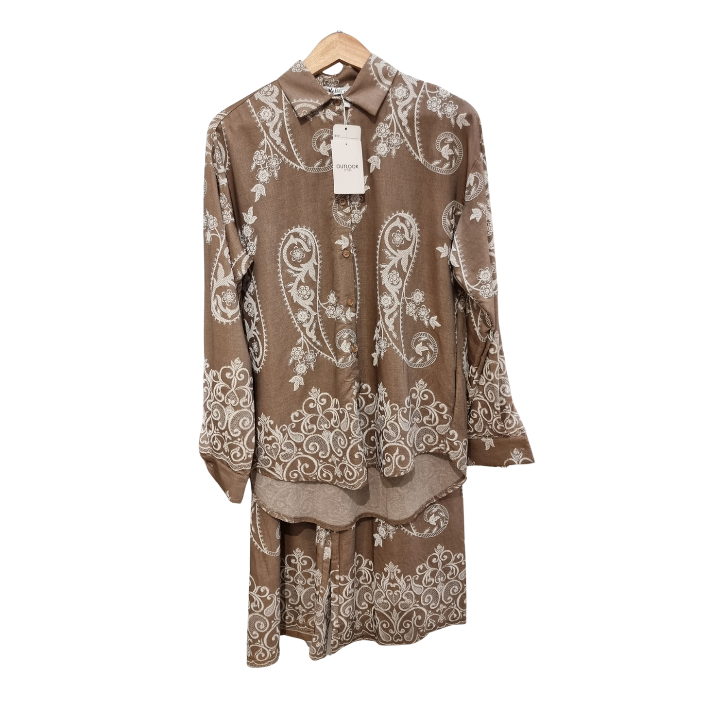 Luxury Beige Paisley Embroidery Cord Set | Women's Designer Shirt & Trouser Set U(0242)