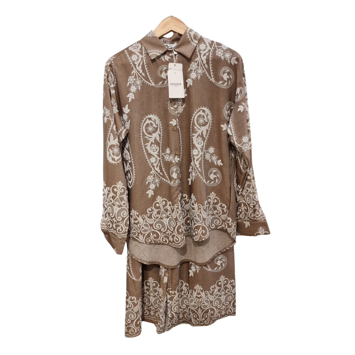 Luxury Beige Paisley Embroidery Cord Set | Women's Designer Shirt & Trouser Set U(0242)