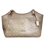 Coach Light Khaki Signature Canvas Shoulder Tote Bag with Tan Leather Trim