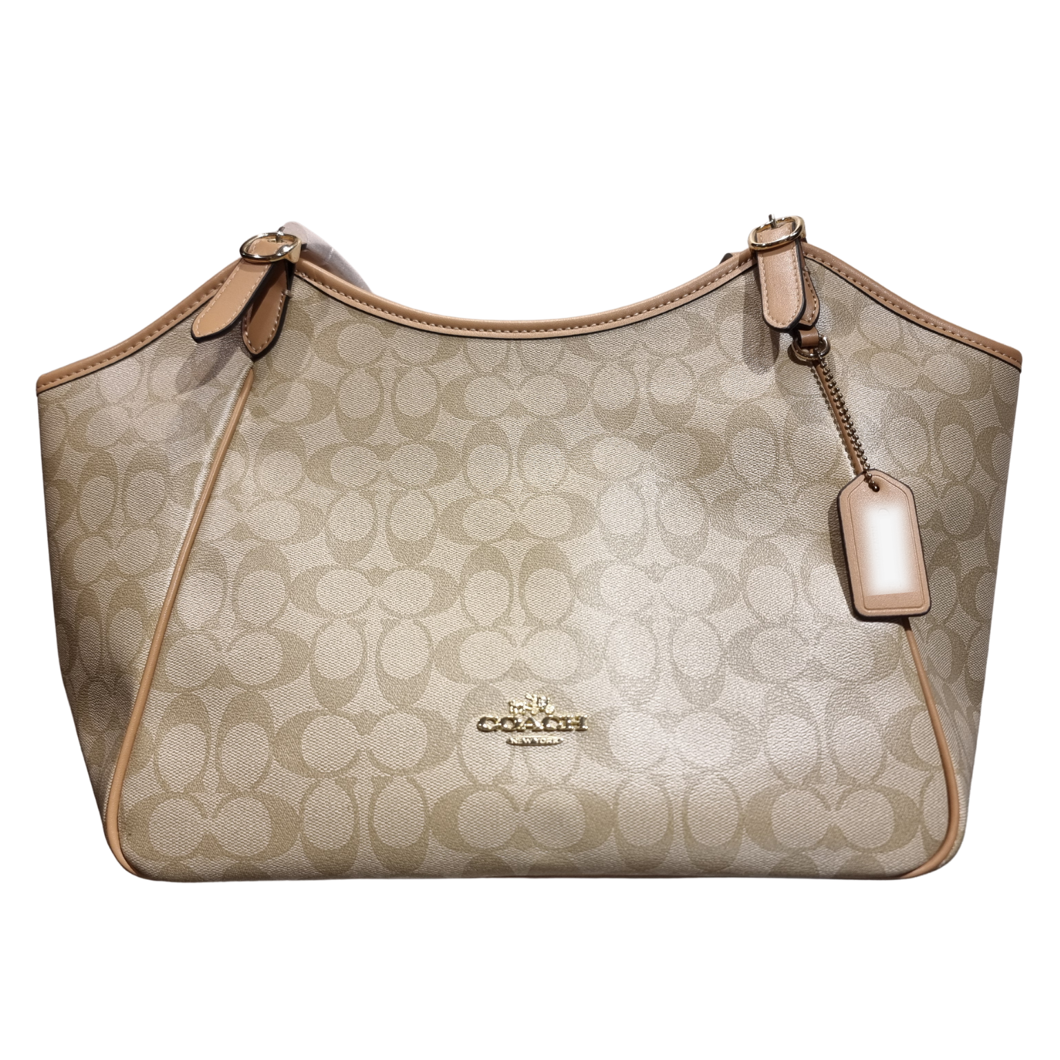 Coach Light Khaki Signature Canvas Shoulder Tote Bag with Tan Leather Trim