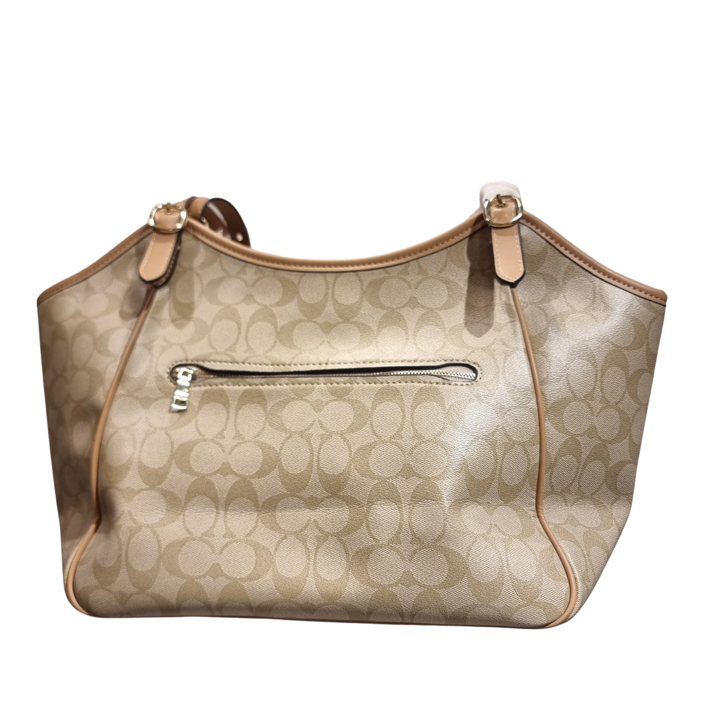 Coach Light Khaki Signature Canvas Shoulder Tote Bag with Tan Leather Trim