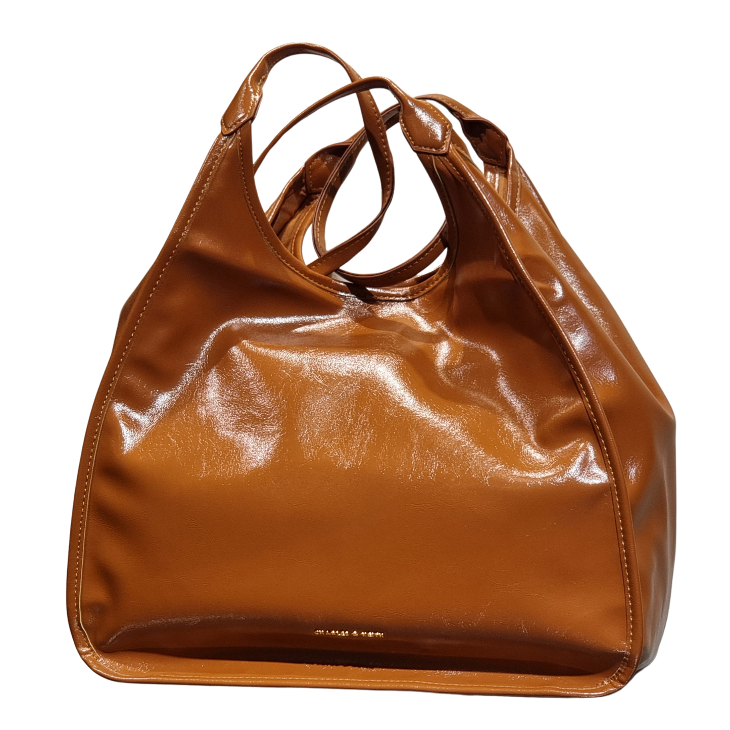 Charles & Keith Cognac Brown Glossy Slouchy Tote Bag