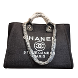 Chanel Large Deauville Tote Blue Mixed Fibers Canvas with Silver Hardware