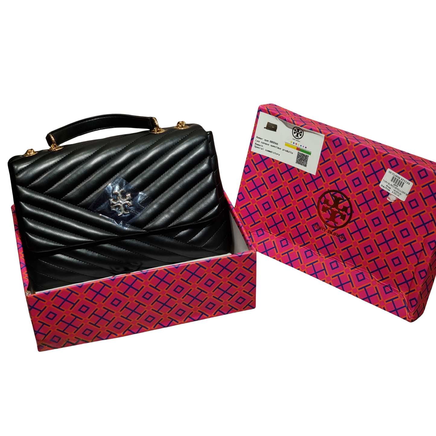 Tory Burch Black Chevron Quilted Leather Top Handle Flap Bag
