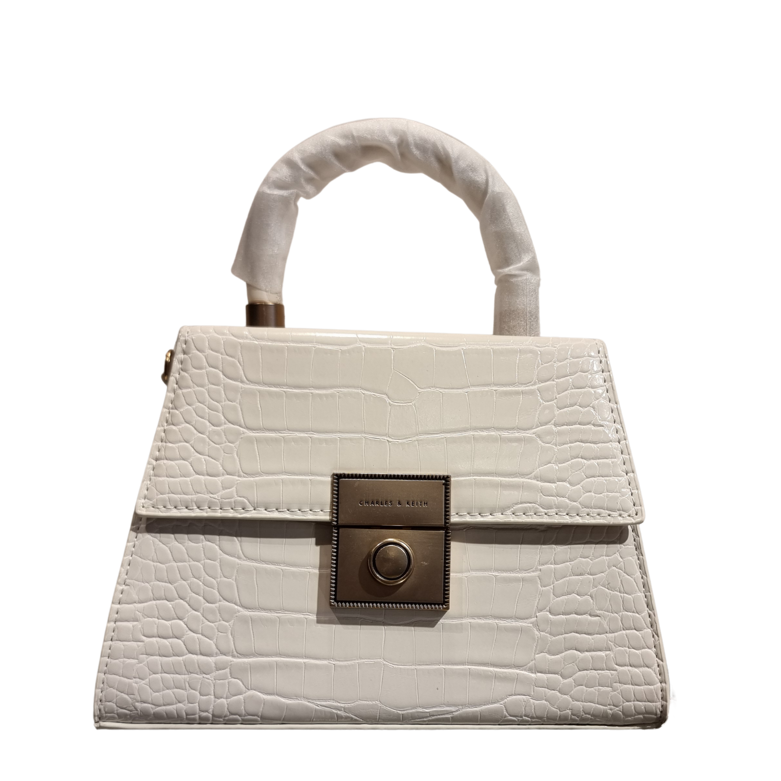 Charles & Keith White Croc-Embossed Structured Top Handle Bag