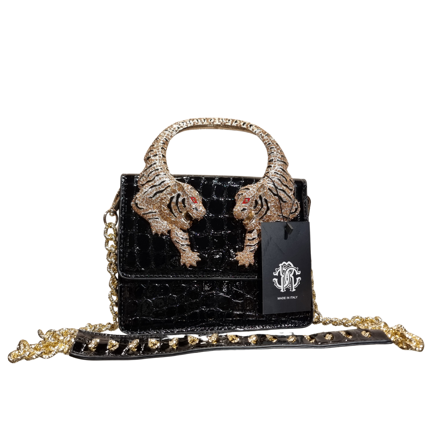 Roberto Cavalli Black Croc-Embossed Mini Bag with Jeweled Tiger Top Handle