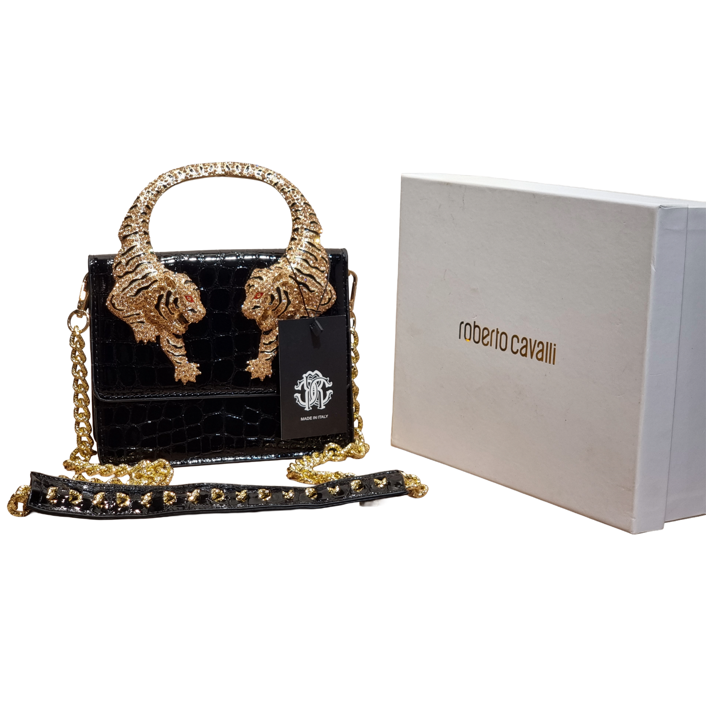 Roberto Cavalli Black Croc-Embossed Mini Bag with Jeweled Tiger Top Handle