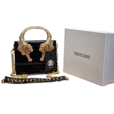 Roberto Cavalli Black Croc-Embossed Mini Bag with Jeweled Tiger Top Handle