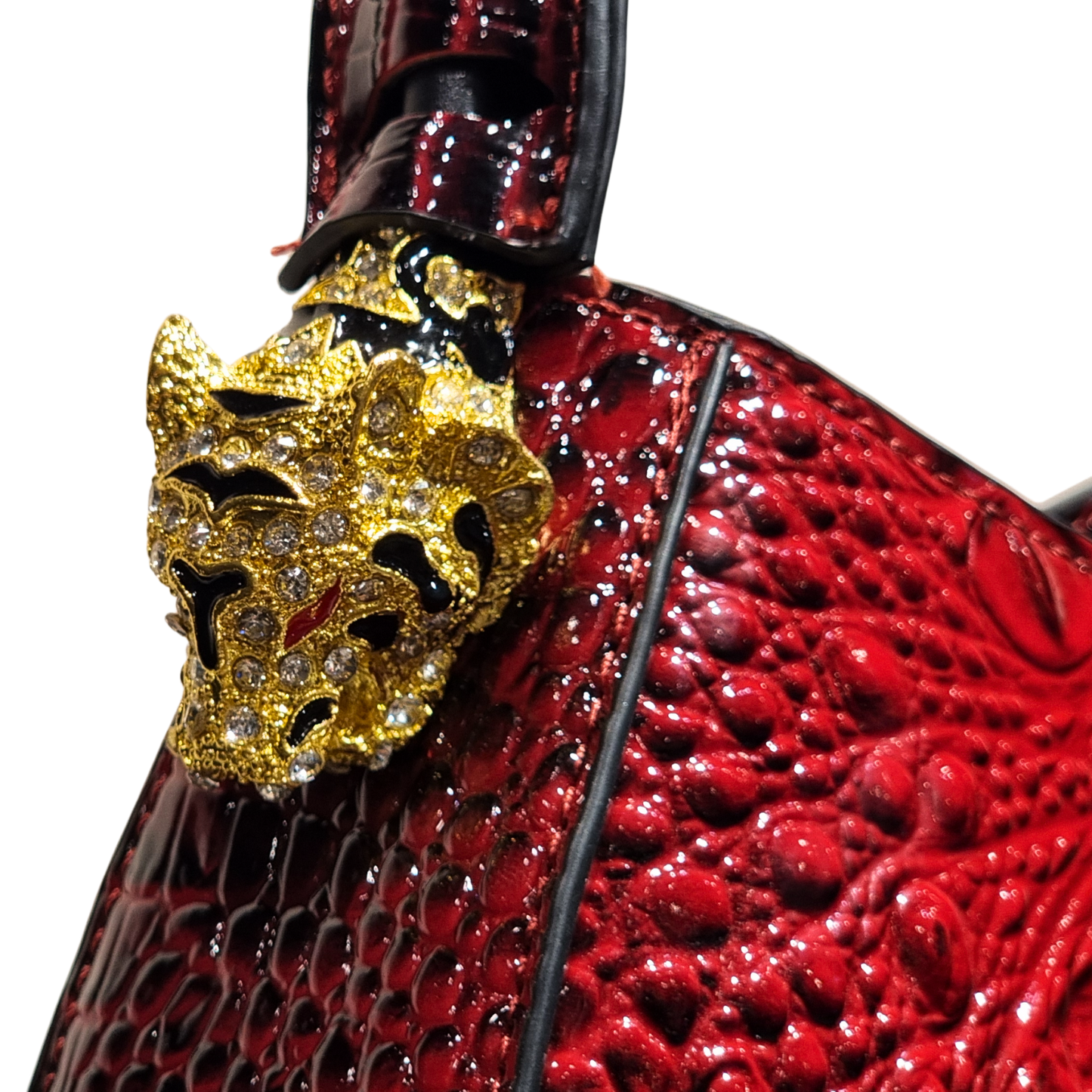 Roberto Cavalli Red Glossy Croc-Embossed Shoulder Bag with Jeweled Panther Hardware