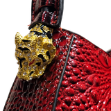 Roberto Cavalli Red Glossy Croc-Embossed Shoulder Bag with Jeweled Panther Hardware