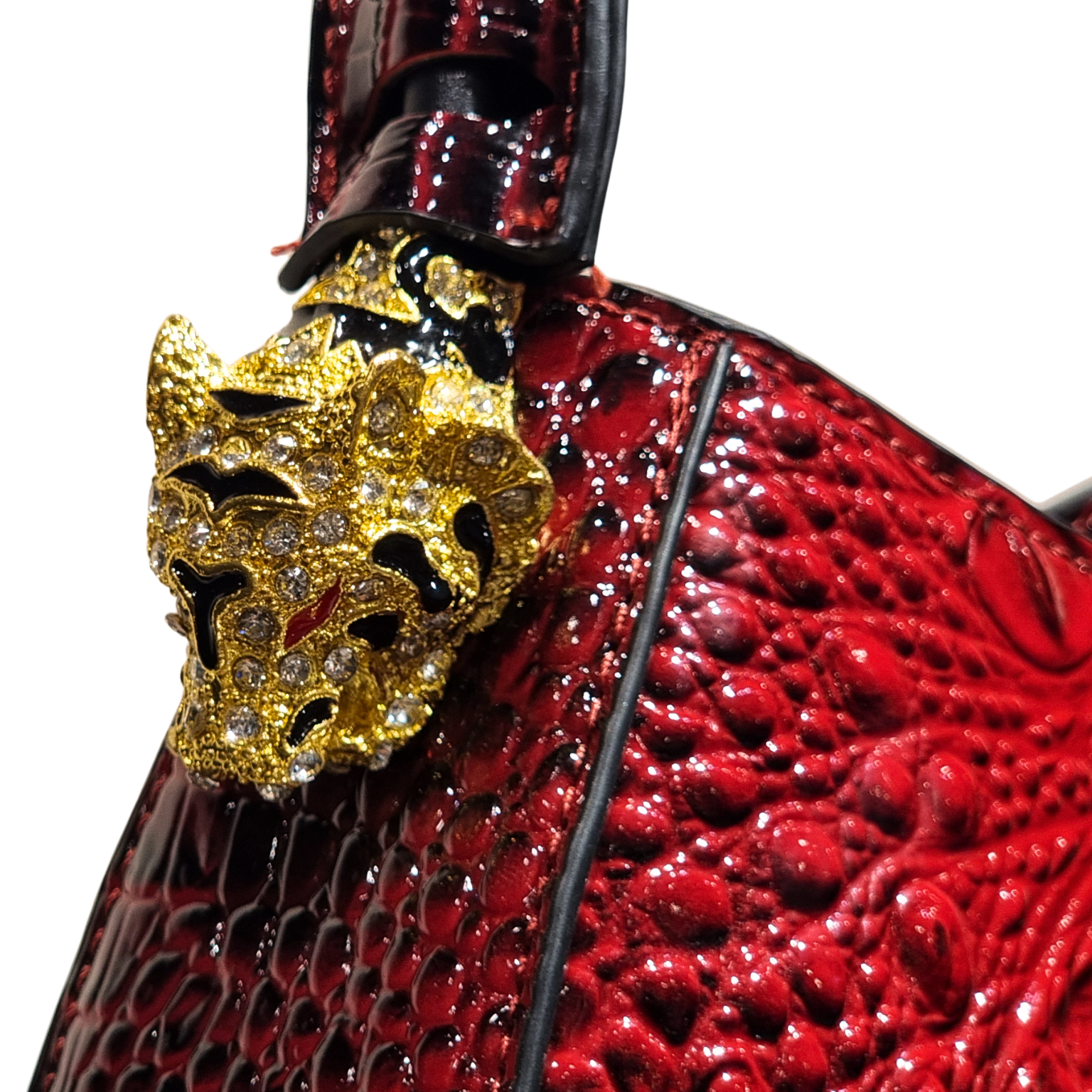 Roberto Cavalli Red Glossy Croc-Embossed Shoulder Bag with Jeweled Panther Hardware