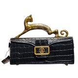 Lanvin Black Croc-Embossed Leather Baguette Bag with Sculptural Cat Handle