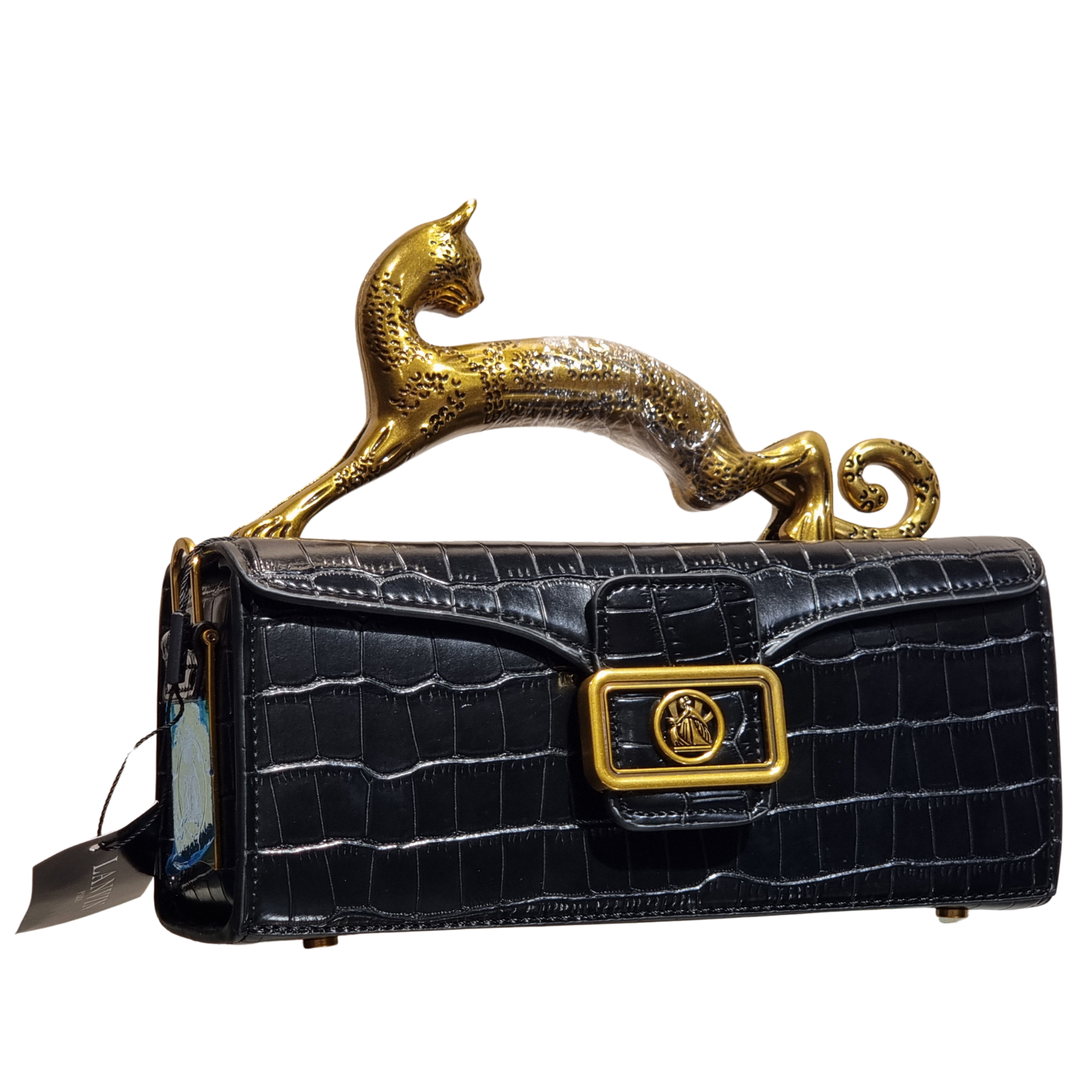 Lanvin Black Croc-Embossed Leather Baguette Bag with Sculptural Cat Handle