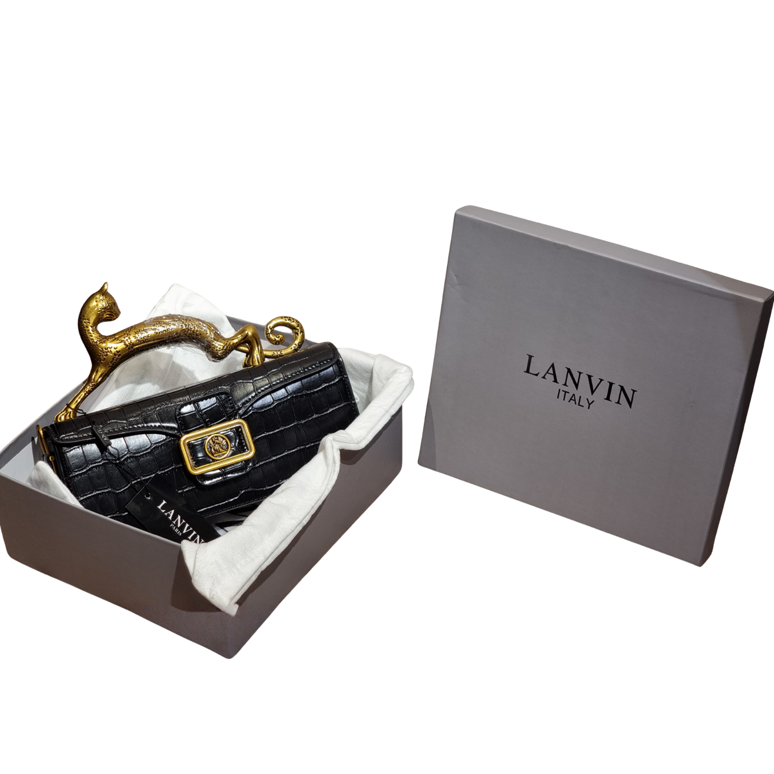 Lanvin Black Croc-Embossed Leather Baguette Bag with Sculptural Cat Handle