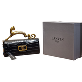Lanvin Black Croc-Embossed Leather Baguette Bag with Sculptural Cat Handle