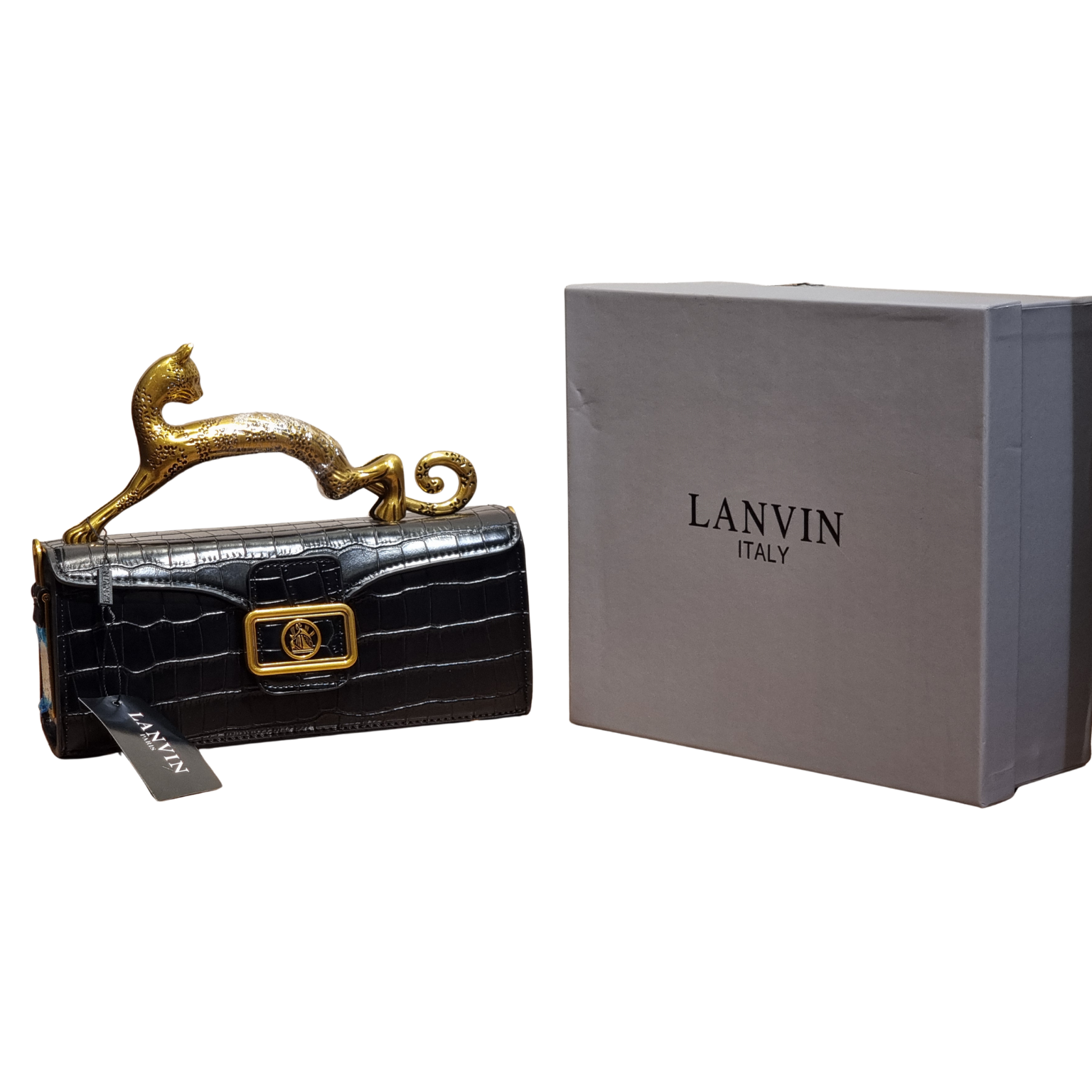 Lanvin Black Croc-Embossed Leather Baguette Bag with Sculptural Cat Handle