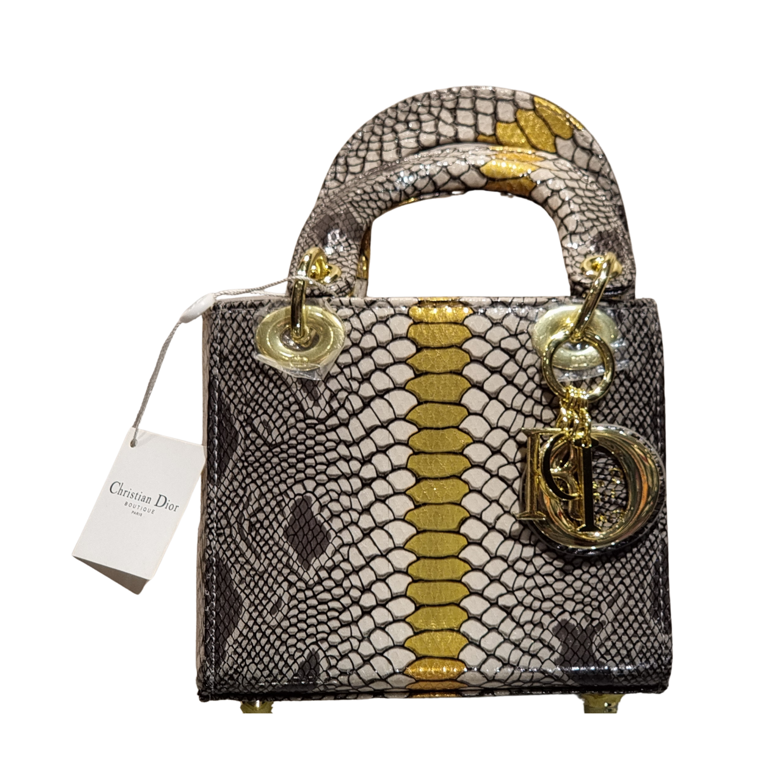 Christian Dior Blue and Gold Python-Embossed Mini Lady Dior Bag