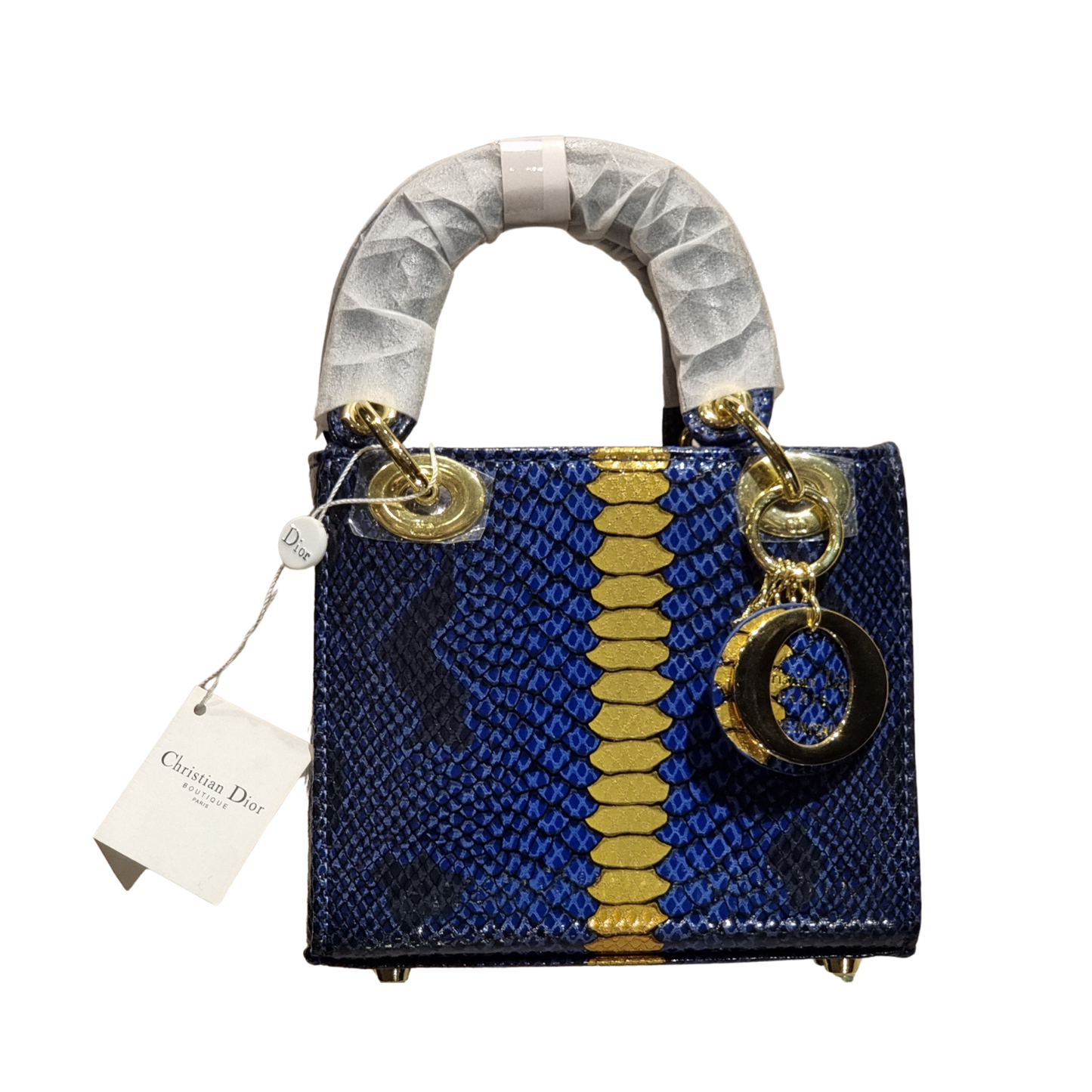 Christian Dior Blue and Gold Python-Embossed Mini Lady Dior Bag