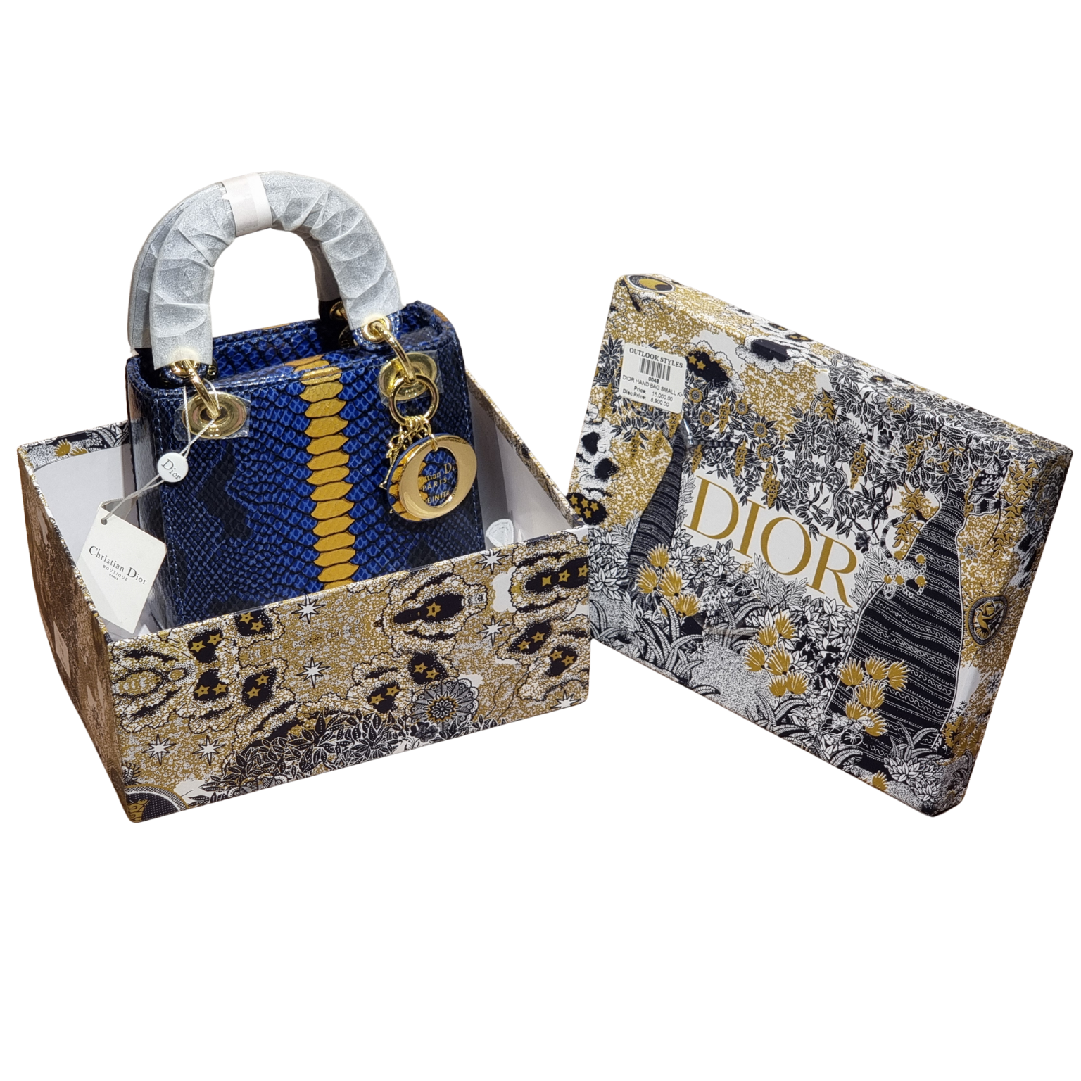 Christian Dior Blue and Gold Python-Embossed Mini Lady Dior Bag