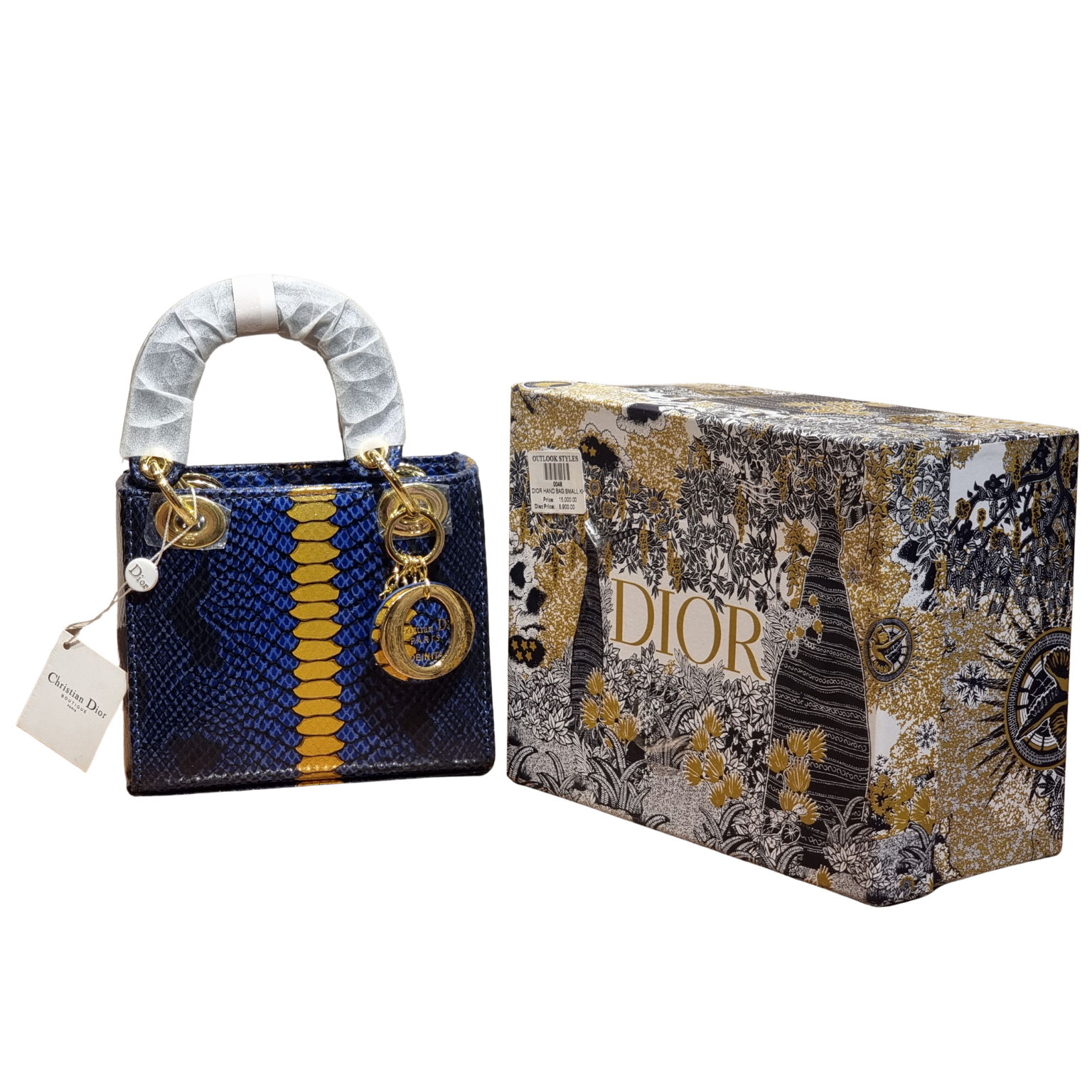 Christian Dior Blue and Gold Python-Embossed Mini Lady Dior Bag