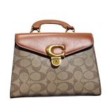 Coach Tabby Top Handle Bag in Signature Canvas and Tan Leather with Brass Hardware