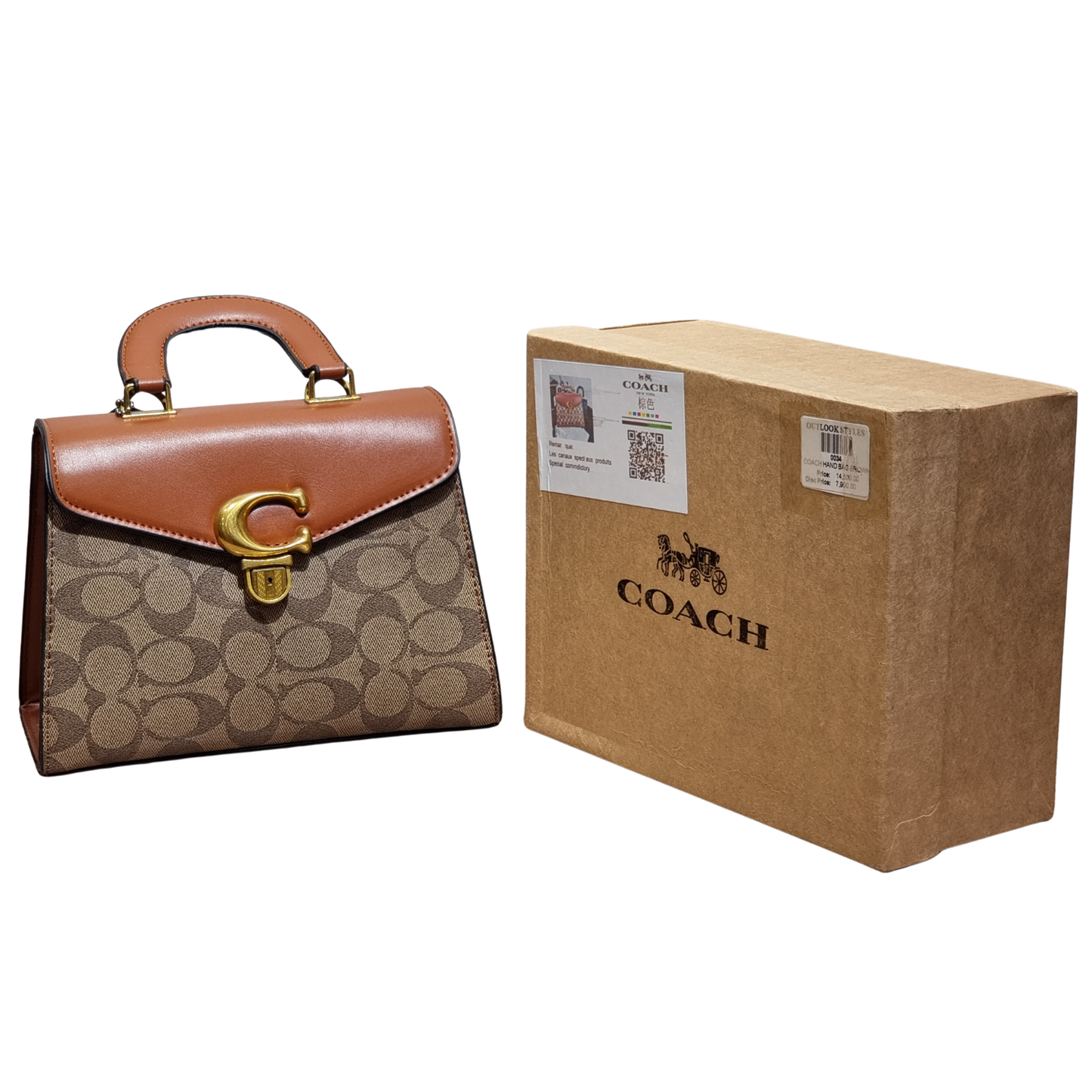 Coach Tabby Top Handle Bag in Signature Canvas and Tan Leather with Brass Hardware