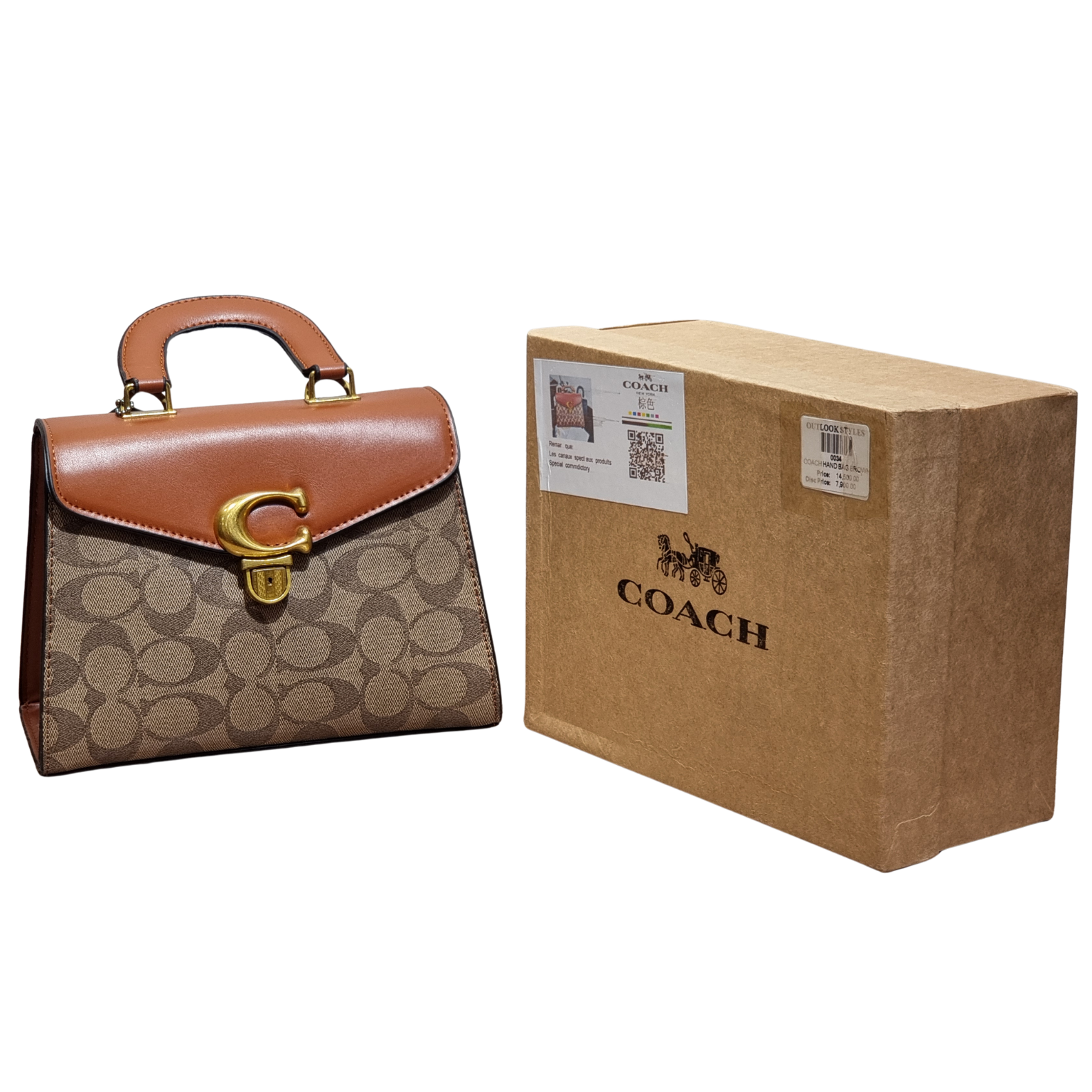 Coach Tabby Top Handle Bag in Signature Canvas and Tan Leather with Brass Hardware