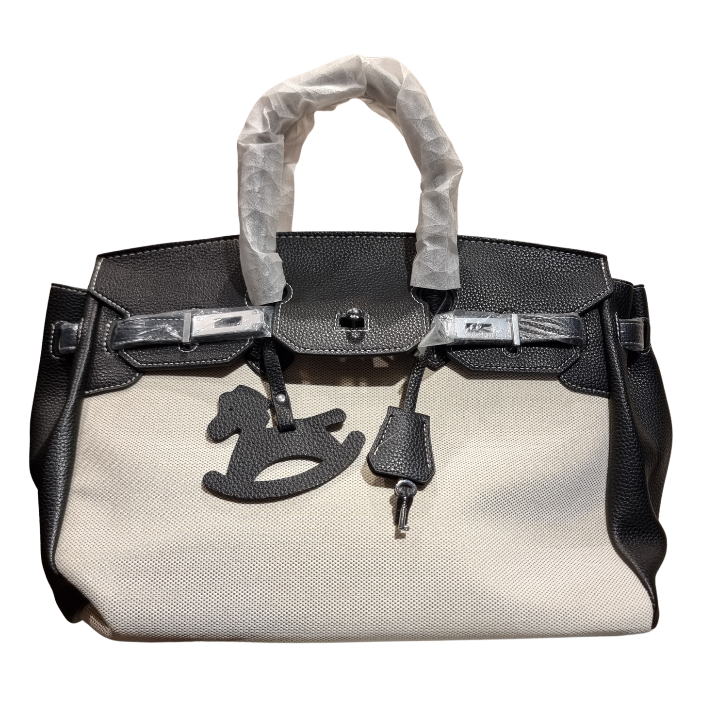 Hermès Birkin 35 Bicolor Canvas and Black Togo Leather Bag with Horse Charm