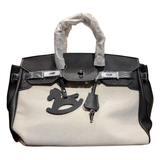 Hermès Birkin 35 Bicolor Canvas and Black Togo Leather Bag with Horse Charm