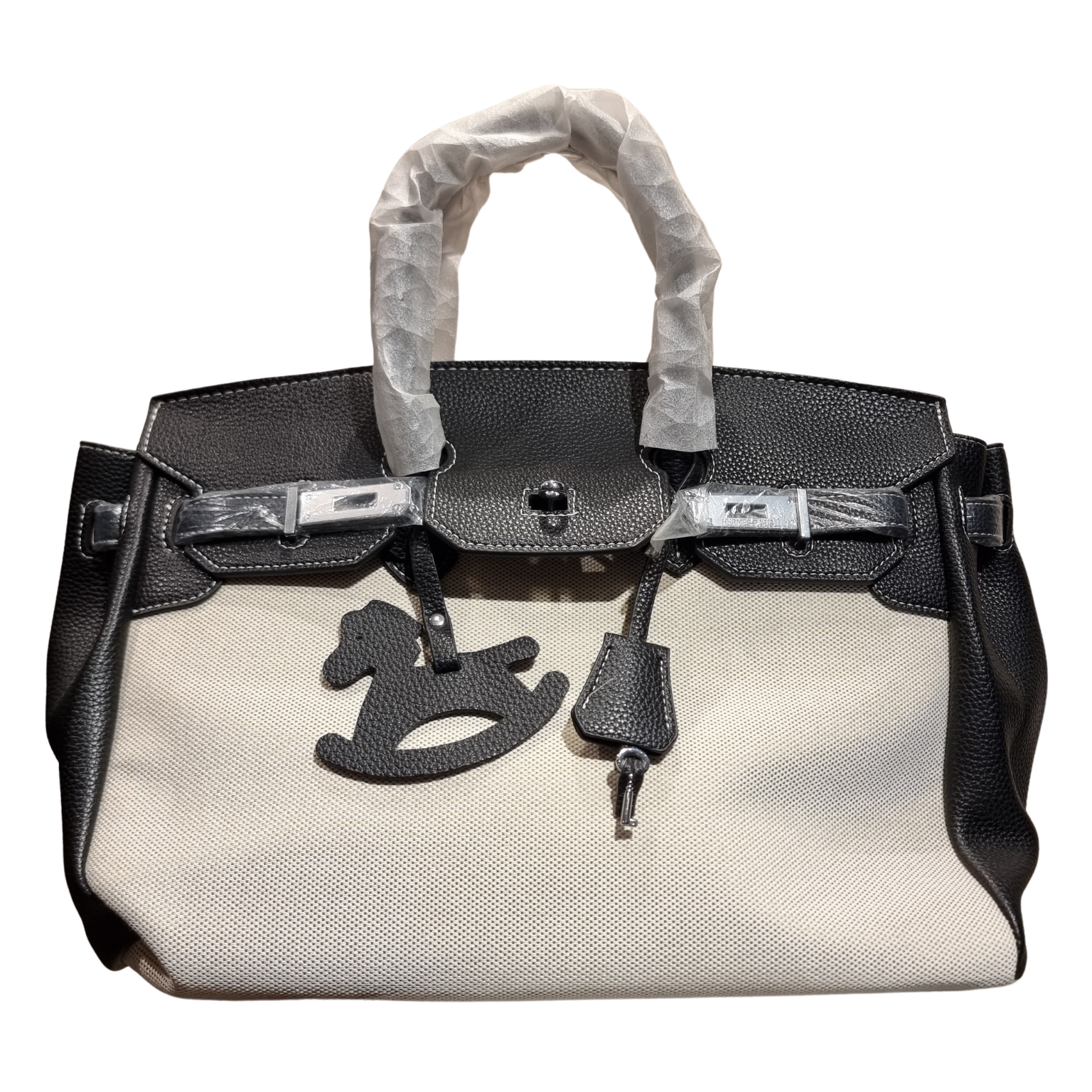 Hermès Birkin 35 Bicolor Canvas and Black Togo Leather Bag with Horse Charm