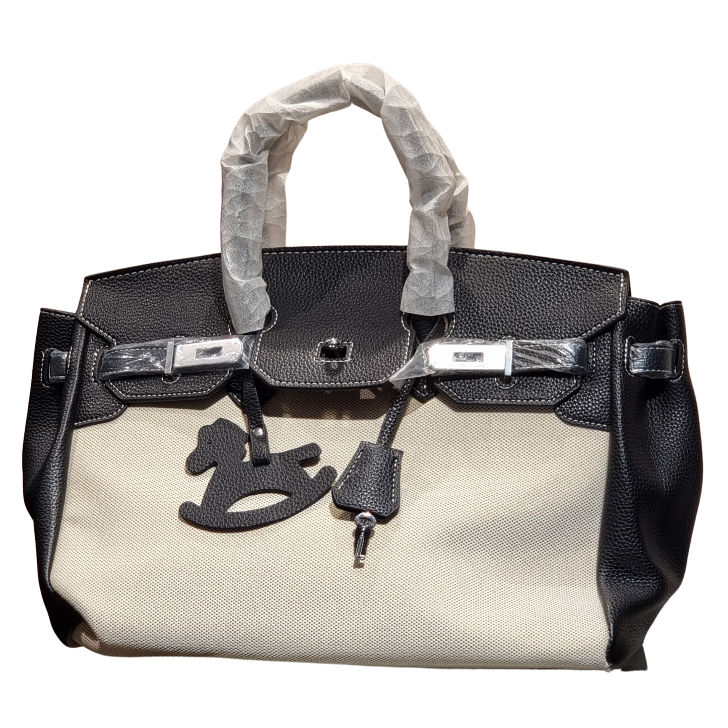 Hermès Birkin 35 Bicolor Canvas and Black Togo Leather Bag with Horse Charm