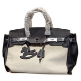 Hermès Birkin 35 Bicolor Canvas and Black Togo Leather Bag with Horse Charm