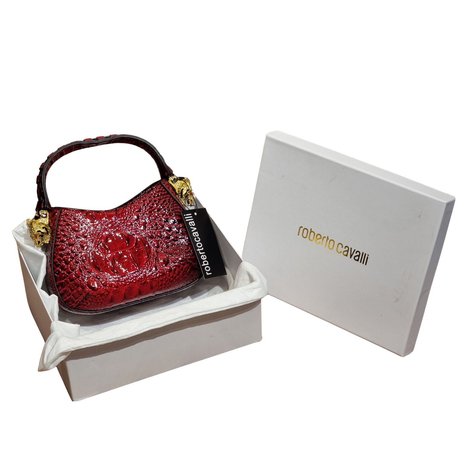 Roberto Cavalli Red Glossy Croc-Embossed Shoulder Bag with Jeweled Panther Hardware