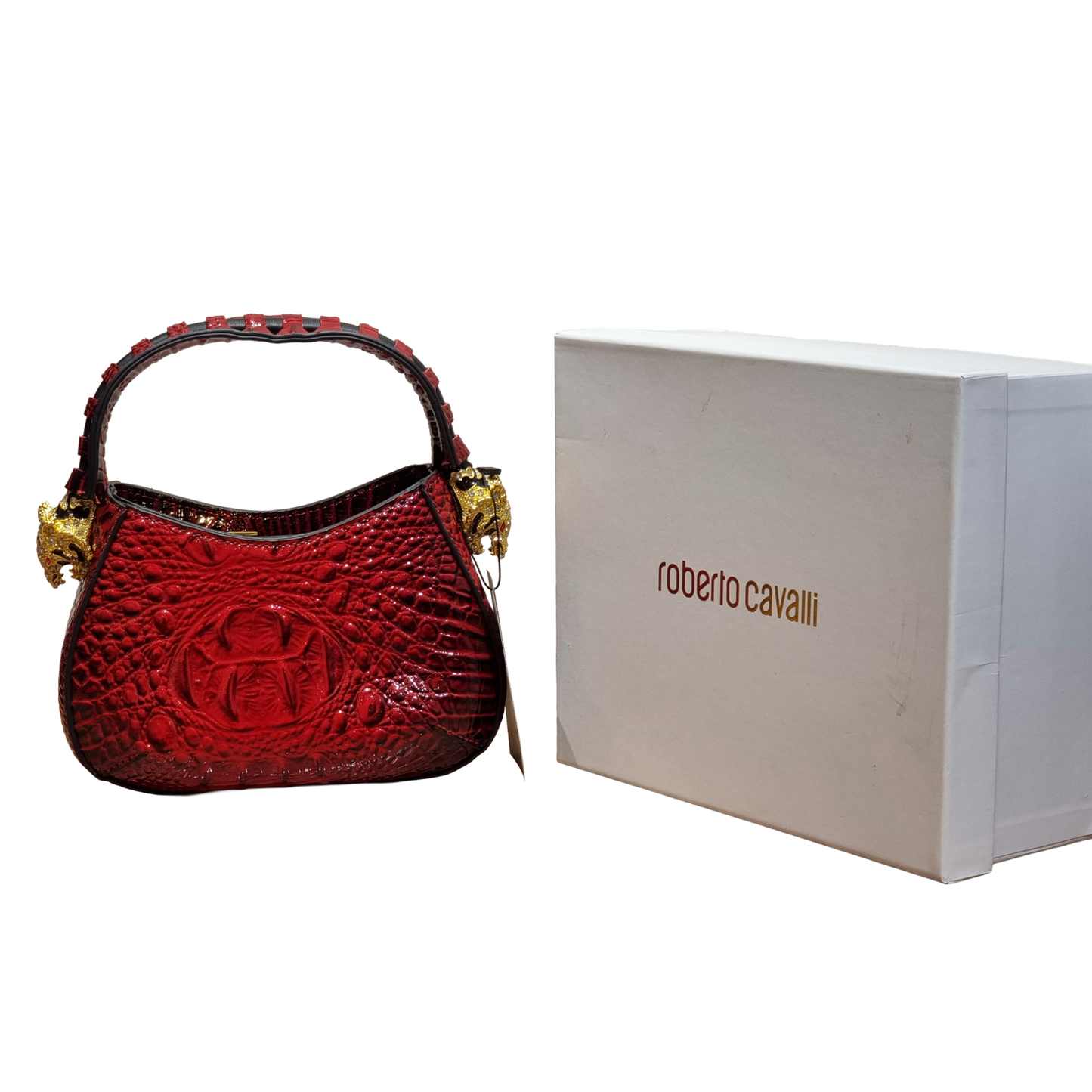 Roberto Cavalli Red Glossy Croc-Embossed Shoulder Bag with Jeweled Panther Hardware