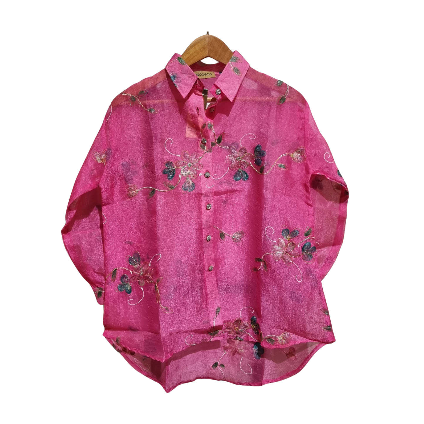 Embroidered Floral Organza Button-Down Shirt – Fuchsia Pink