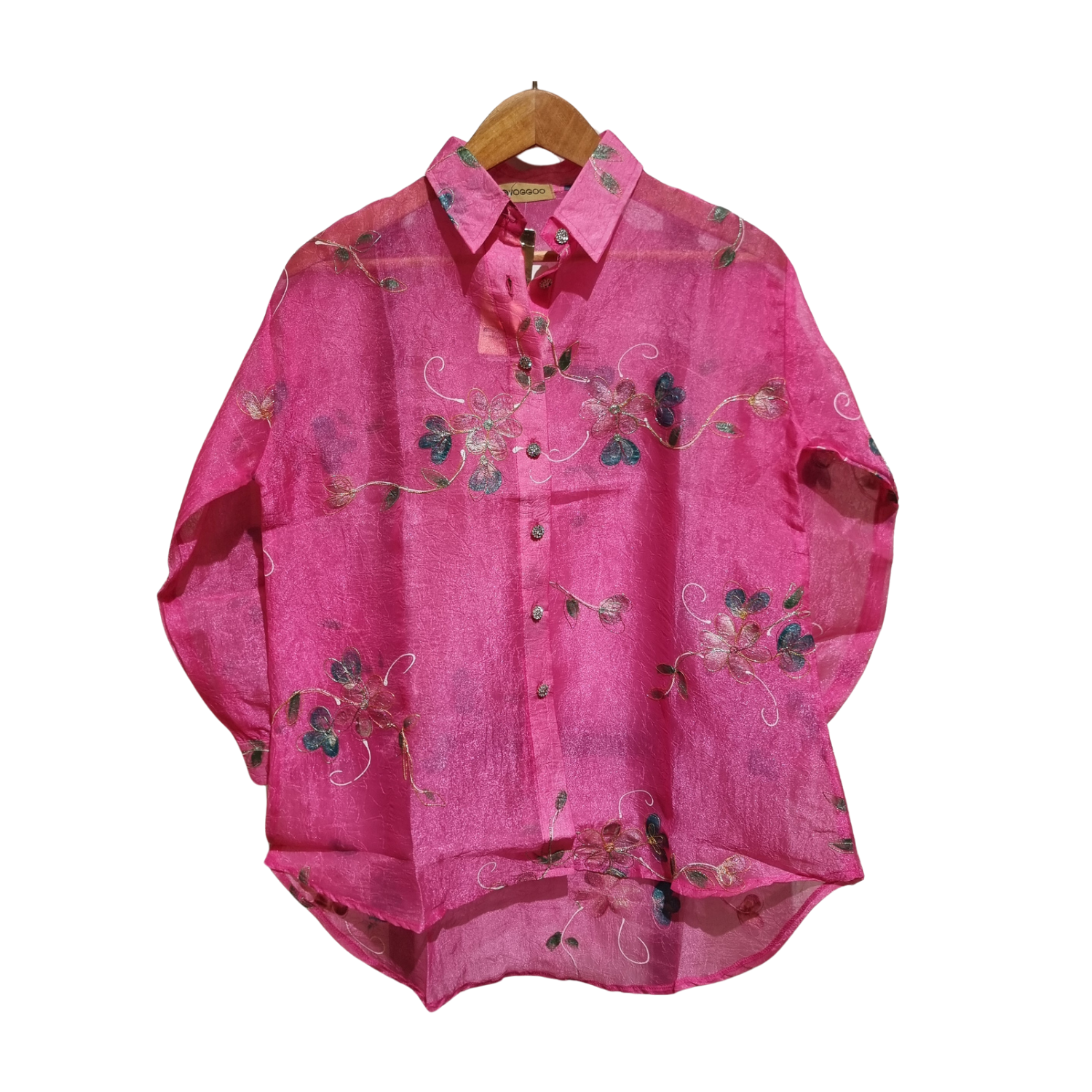Embroidered Floral Organza Button-Down Shirt – Fuchsia Pink