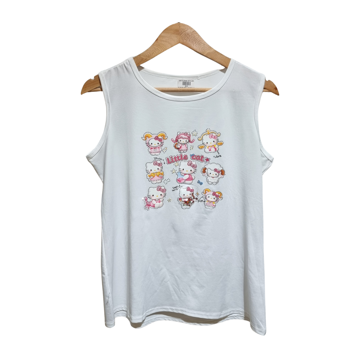 Cute Little Cat Graphic White Sleeveless Tank Top for Women | Soft Summer Casual Tee U(0313)