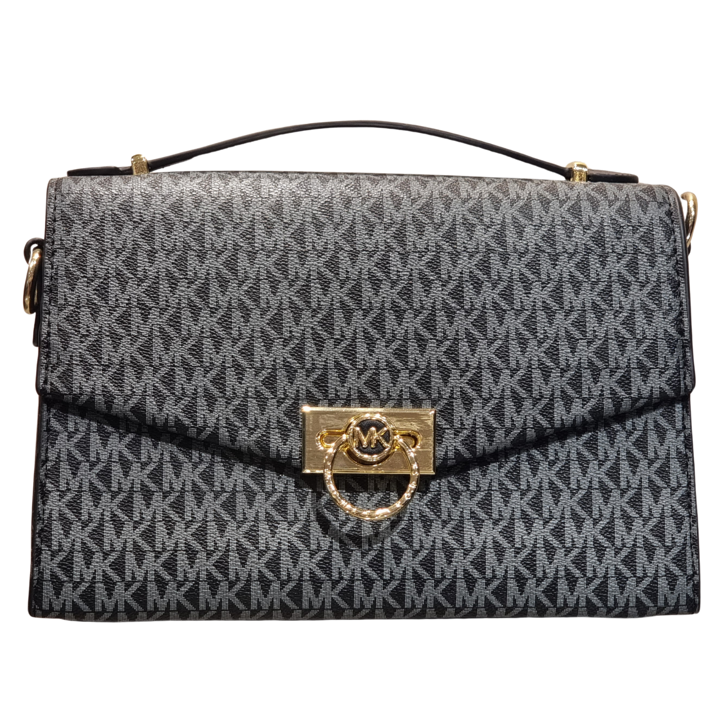 Michael Kors Black/Grey Signature Logo Canvas Flap Bag with Gold Hardware