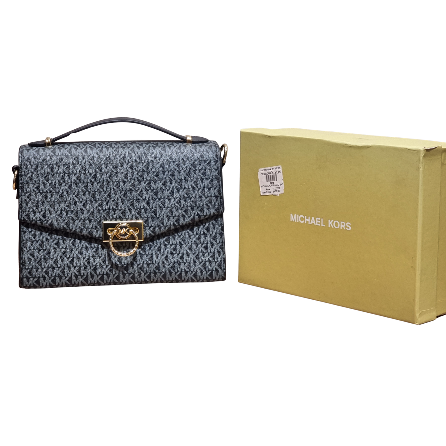 Michael Kors Black/Grey Signature Logo Canvas Flap Bag with Gold Hardware