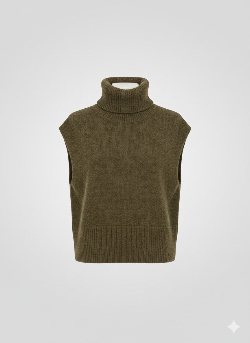 Olive green sleeveless turtleneck sweater