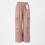 Women’s Linen Blend Cargo Pants – Casual Wide Leg Drawstring Trousers with Utility Pockets U(0267)