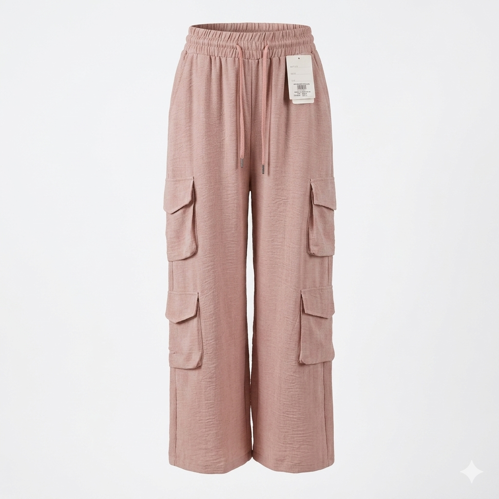 Women’s Linen Blend Cargo Pants – Casual Wide Leg Drawstring Trousers with Utility Pockets U(0267)