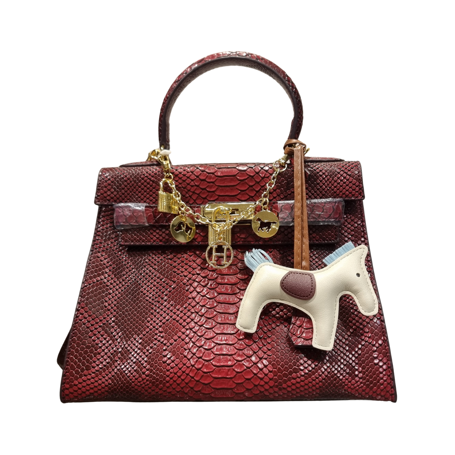 Hermès Kelly 25 Red Matte Python Leather Bag with Horse Charm and Gold Hardware