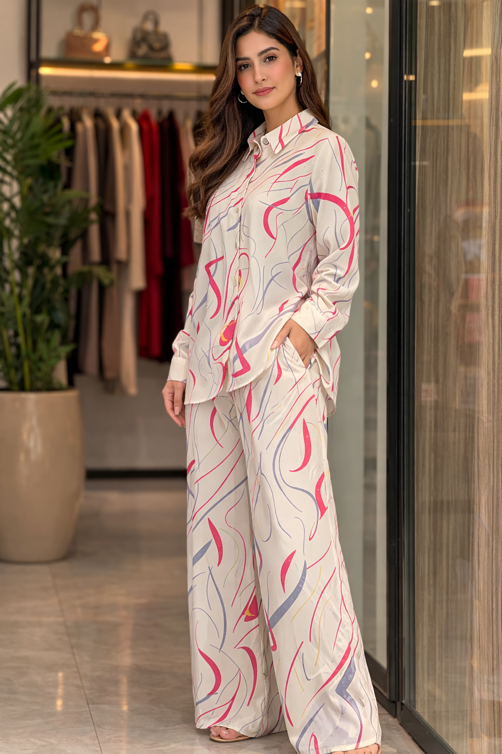 Abstract Printed Cream Co-Ord Set – Elegant Button-Down Shirt & Wide Leg Pants for Women U(0235)