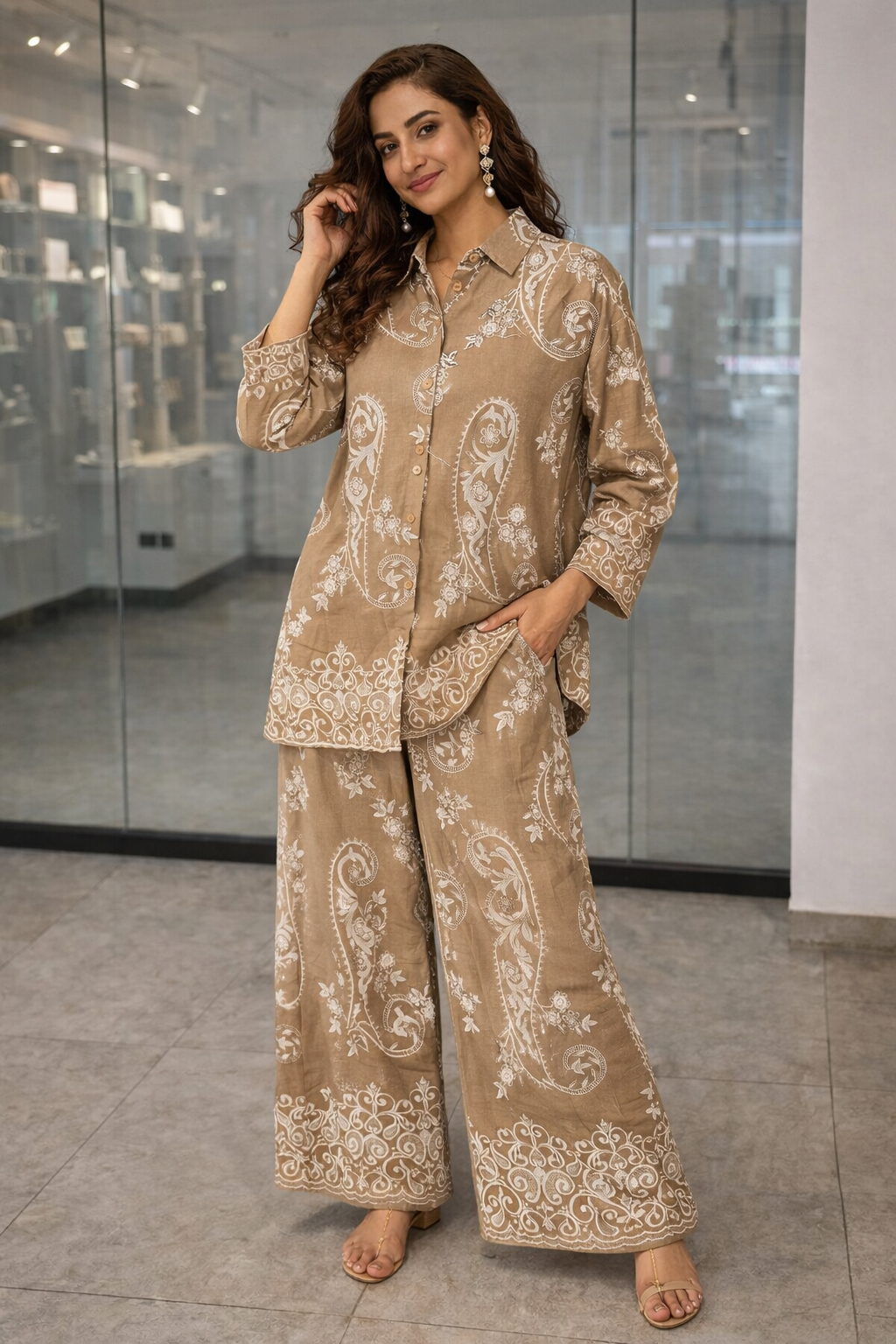 Luxury Beige Paisley Embroidery Cord Set | Women's Designer Shirt & Trouser Set U(0242)