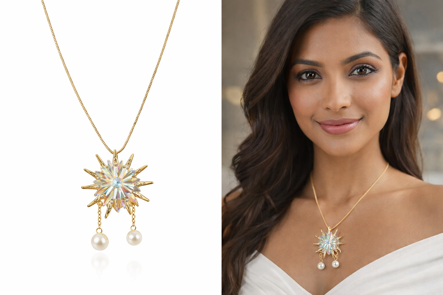 Radiant Sunburst Crystal Pearl Pendant Necklace – Elegant Gold Chain Statement Jewelry A(0317)