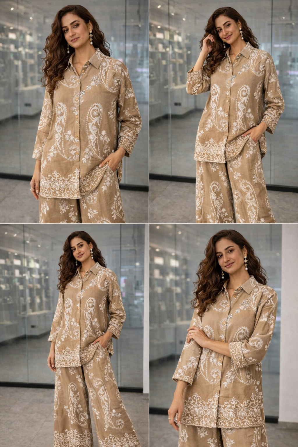 Luxury Beige Paisley Embroidery Cord Set | Women's Designer Shirt & Trouser Set U(0242)